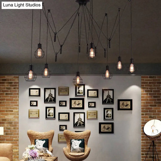 Farmhouse Black Metallic Pendant Light Fixture With Swag Design - 3/5/8 Head Caged Hanging Lamp