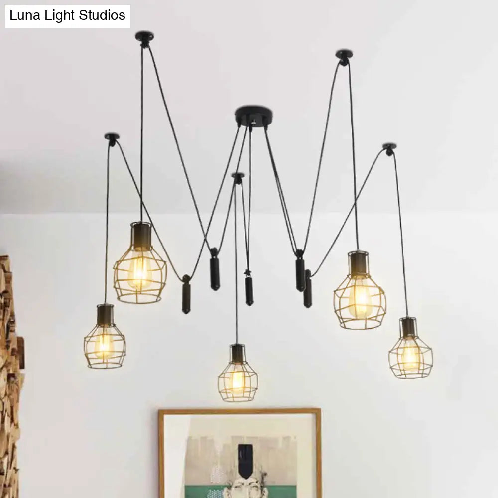 Farmhouse Black Metallic Pendant Light Fixture With Swag Design - 3/5/8 Head Caged Hanging Lamp