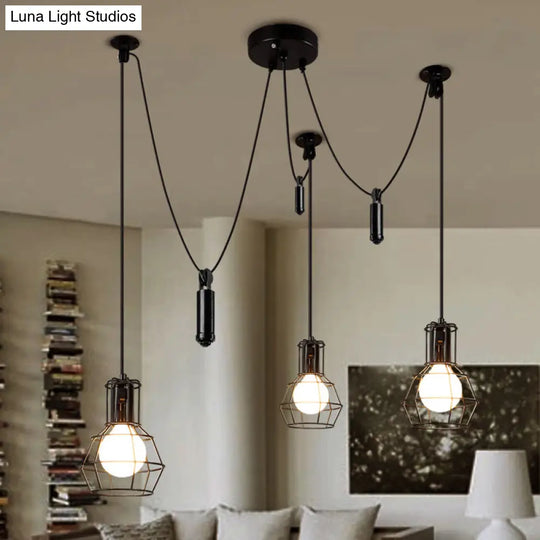 Farmhouse Black Metallic Pendant Light Fixture With Swag Design - 3/5/8 Head Caged Hanging Lamp