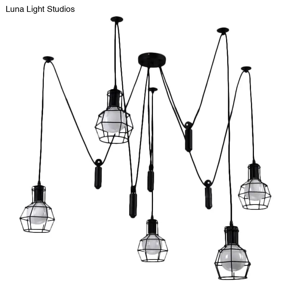 Farmhouse Black Metallic Pendant Light Fixture With Swag Design - 3/5/8 Head Caged Hanging Lamp