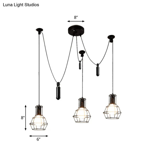 Farmhouse Black Metallic Pendant Light Fixture With Swag Design - 3/5/8 Head Caged Hanging Lamp