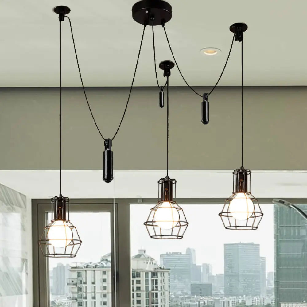 Farmhouse Black Metallic Pendant Light Fixture With Swag Design - 3/5/8 Head Caged Hanging Lamp 3 /