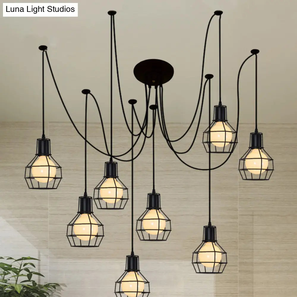 Farmhouse Black Metallic Pendant Light Fixture With Swag Design - 3/5/8 Head Caged Hanging Lamp