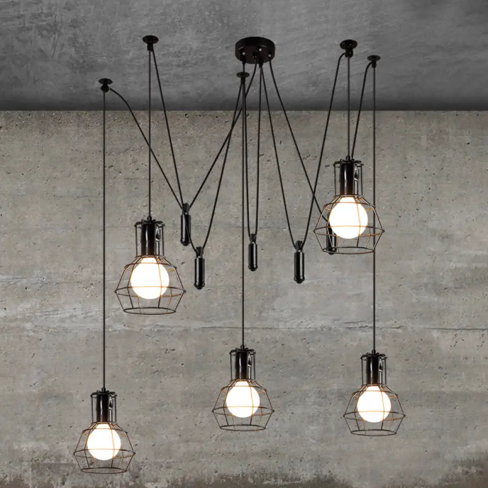 Farmhouse Black Metallic Pendant Light Fixture With Swag Design - 3/5/8 Head Caged Hanging Lamp 5 /