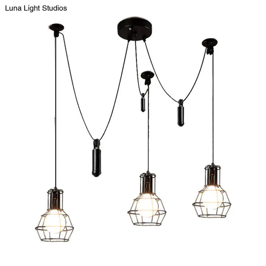 Farmhouse Black Metallic Pendant Light Fixture With Swag Design - 3/5/8 Head Caged Hanging Lamp