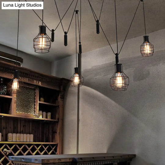 Farmhouse Black Metallic Pendant Light Fixture With Swag Design - 3/5/8 Head Caged Hanging Lamp