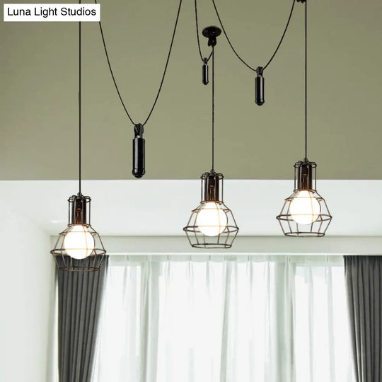 Farmhouse Black Metallic Pendant Light Fixture With Swag Design - 3/5/8 Head Caged Hanging Lamp