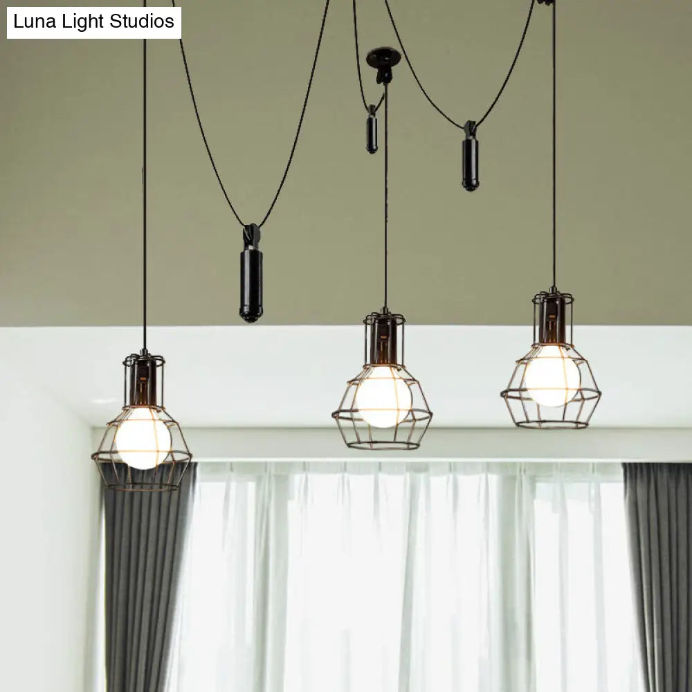 Black Caged Pendant Farmhouse Light Fixture With Multiple Heads