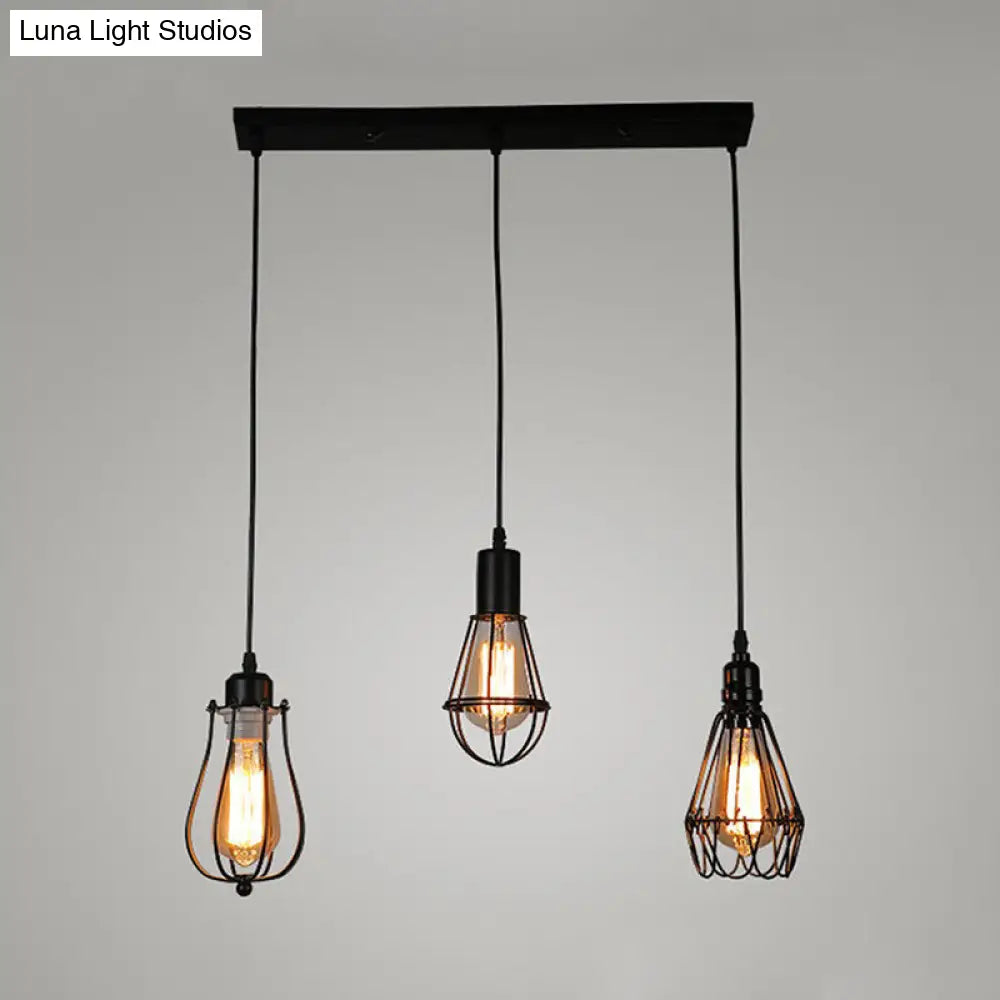 Farmhouse Black Metallic Mini Pendant Lamp With 3-Light Cage Design Perfect For Drop Ceilings