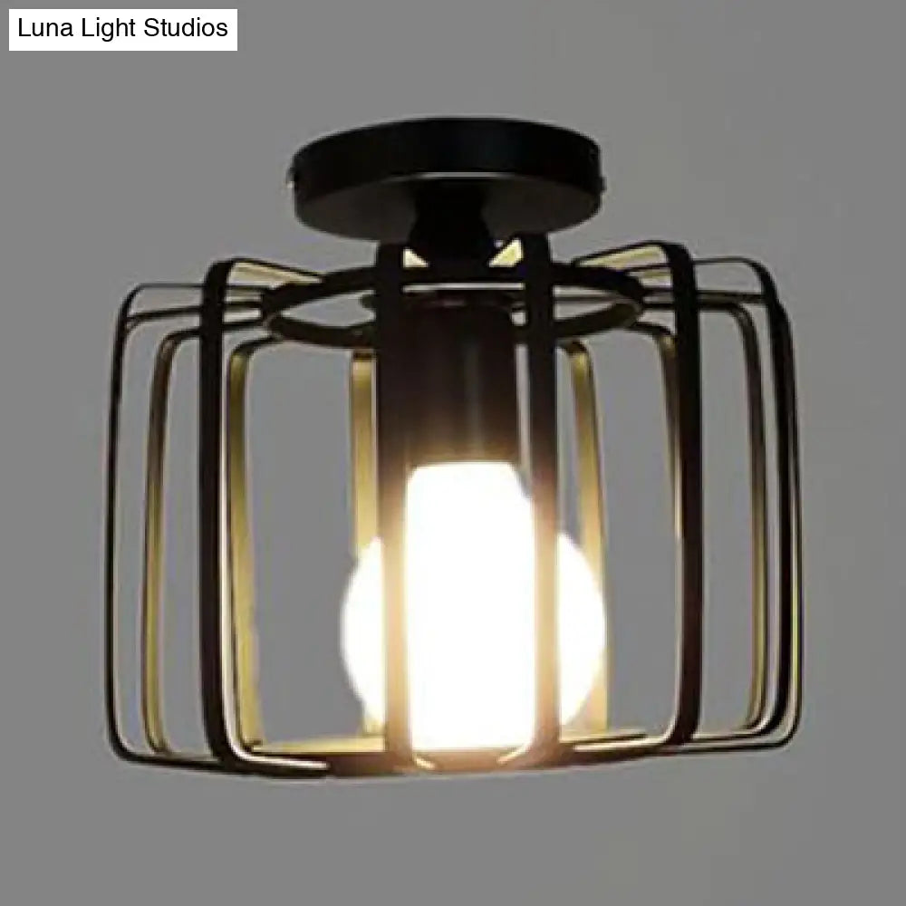 Farmhouse Black Metallic Semi Flush Ceiling Light With Cage Shade - Ideal For Bedroom 1 Head Drum