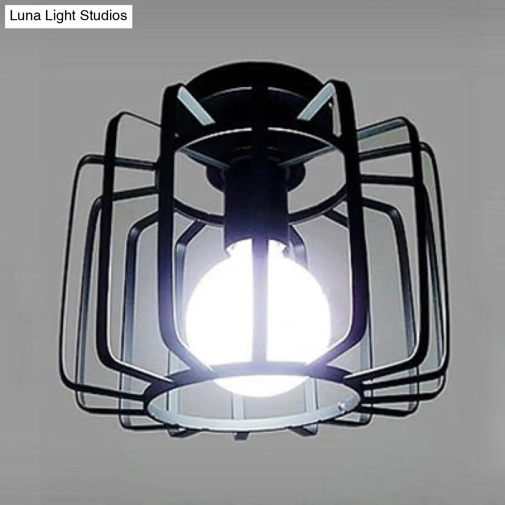 Farmhouse Black Metallic Semi Flush Ceiling Light With Cage Shade - Ideal For Bedroom 1 Head Drum