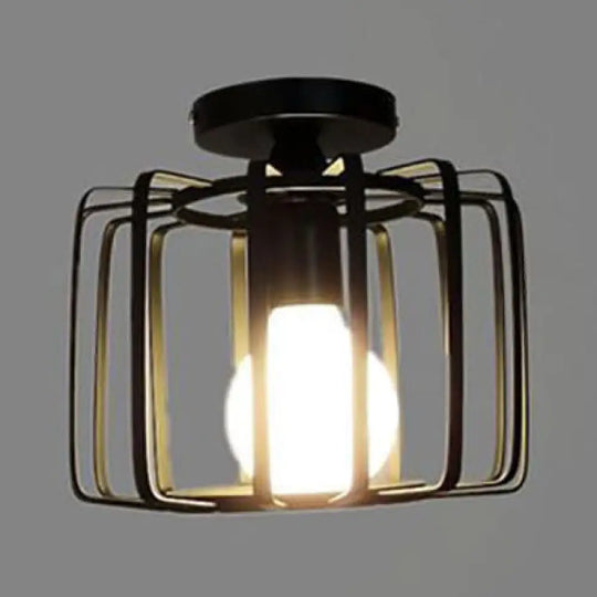 Farmhouse Black Metallic Semi Flush Ceiling Light With Cage Shade - Ideal For Bedroom 1 Head Drum