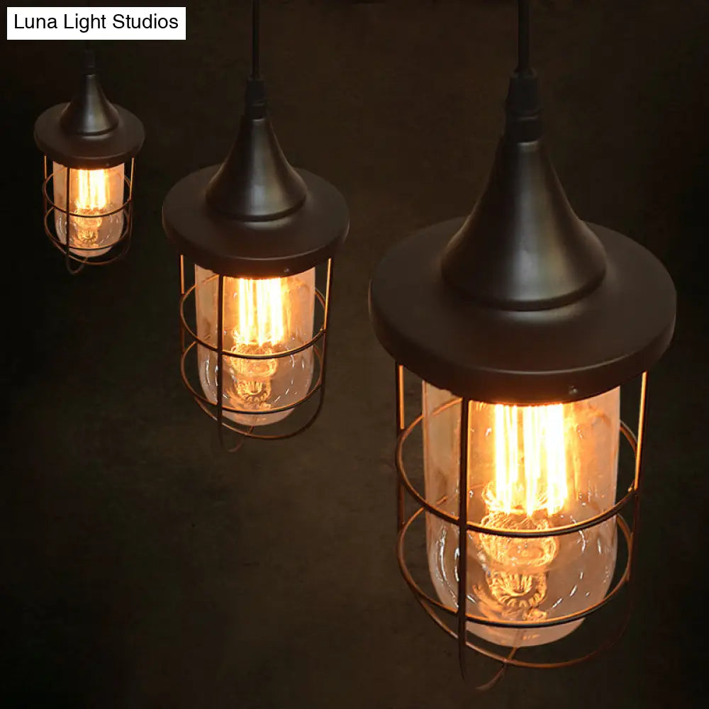 Farmhouse Style Black Caged Glass Pendant Ceiling Light For Living Room