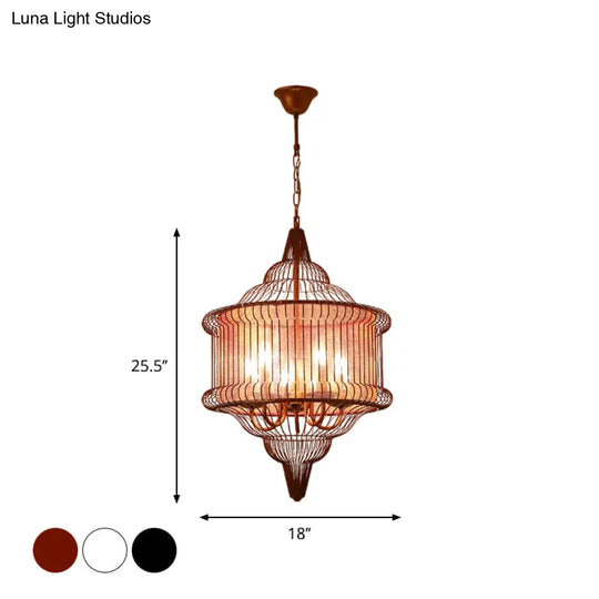 Farmhouse Black/Red/White Metal Lantern Pendant: 5-Bulb Cage Suspension Lighting Fixture For Dining