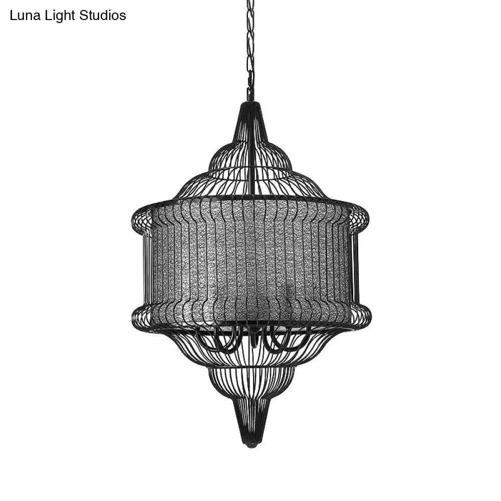 Farmhouse Black/Red/White Metal Lantern Pendant: 5-Bulb Cage Suspension Lighting Fixture For Dining