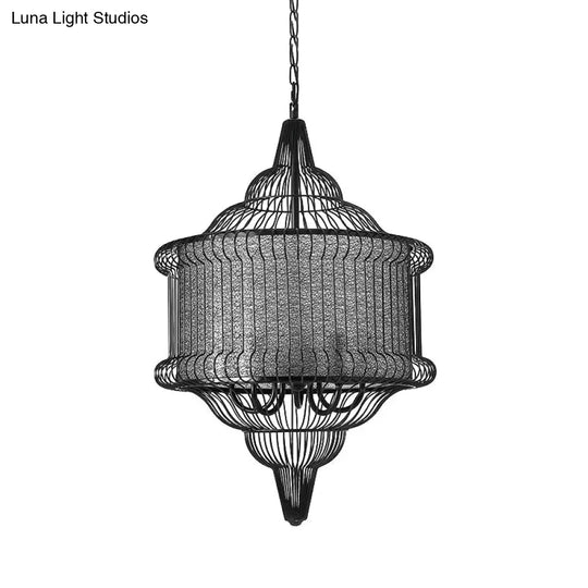 Farmhouse Black/Red/White Metal Lantern Pendant: 5-Bulb Cage Suspension Lighting Fixture For Dining