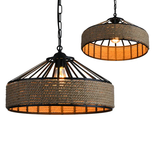 Farmhouse Black Rope Pendant Light Kit - Cone Cage Iron Lamp For Dining Room 3 Sizes Available / 12’