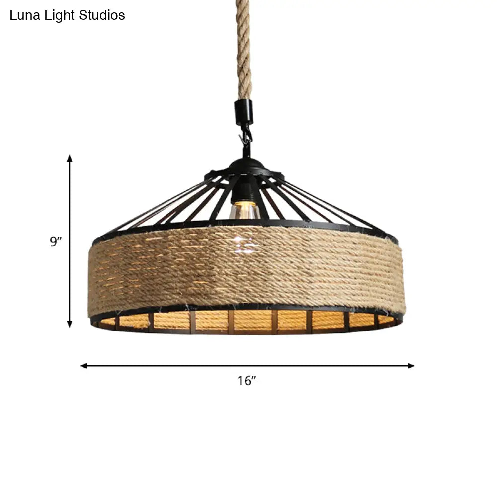 Farmhouse Black Rope Pendant Light Kit - Cone Cage Iron Lamp For Dining Room 3 Sizes Available