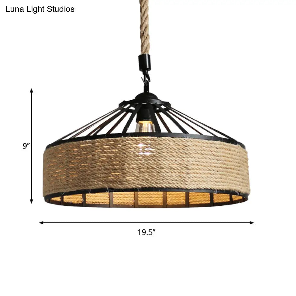 Farmhouse Black Rope Pendant Light Kit - Cone Cage Iron Lamp For Dining Room 3 Sizes Available