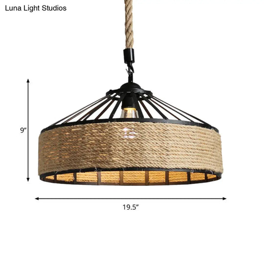 Farmhouse Black Rope Pendant Light Kit - Cone Cage Iron Lamp For Dining Room 3 Sizes Available