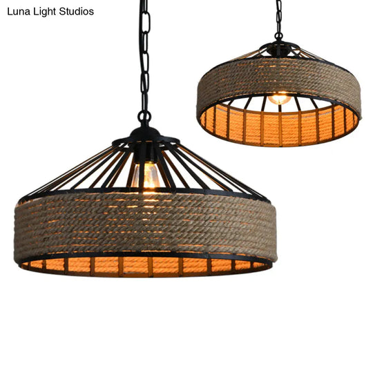 Farmhouse Black Pendant Light With Rope Cone Cage - Hanging Lamp Kit For Dining Room (12/16/19.5 W)