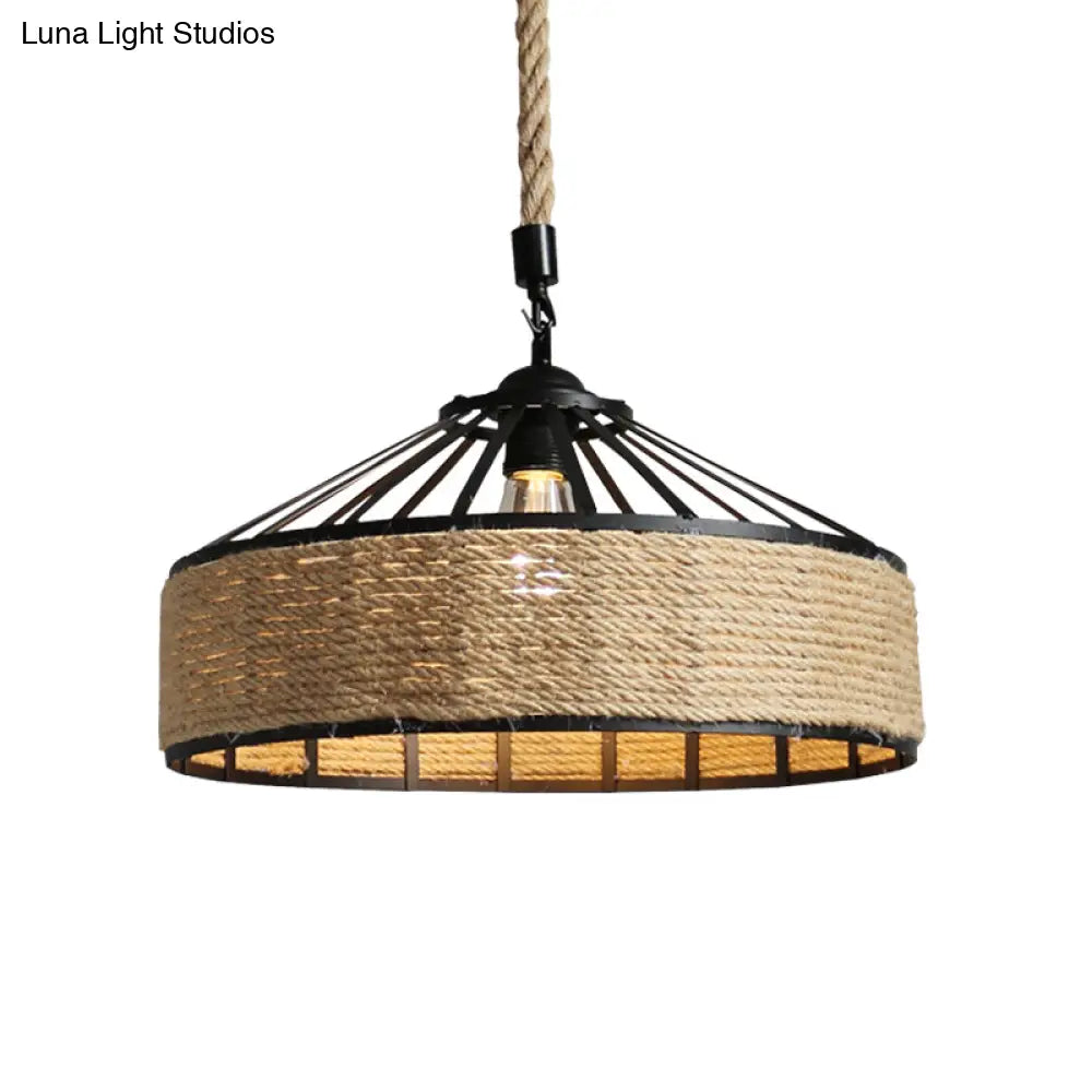 Farmhouse Black Rope Pendant Light Kit - Cone Cage Iron Lamp For Dining Room 3 Sizes Available