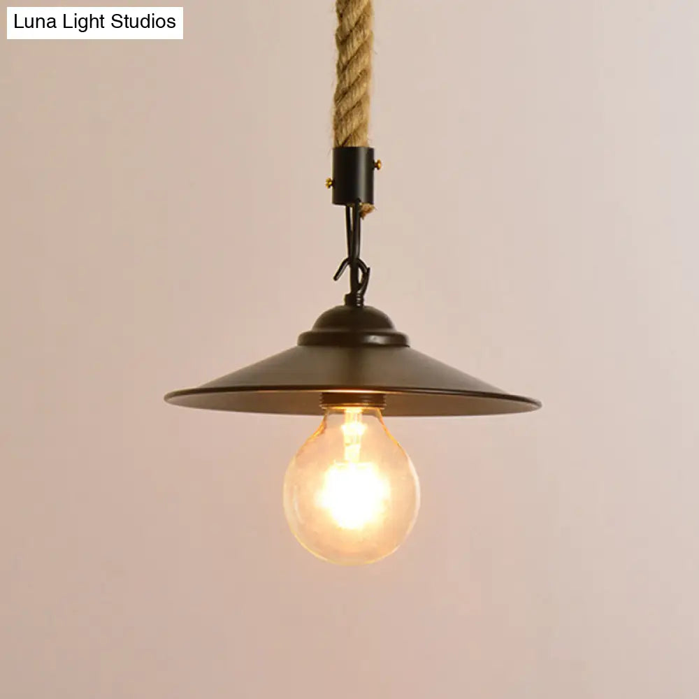 Metallic Suspension Lamp With Black Saucer Shade - Farmhouse Dining Room Hanging Light Kit