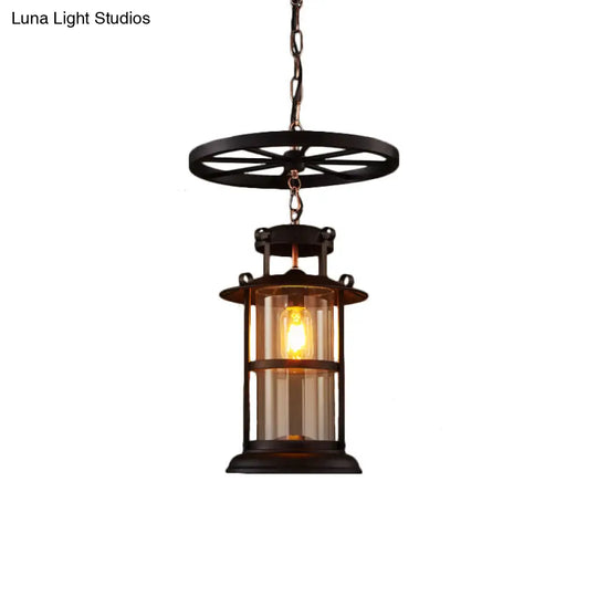 Farmhouse Black Single Light Pendant Ceiling With Clear Glass Cylinder And Iron Wheel Fixture