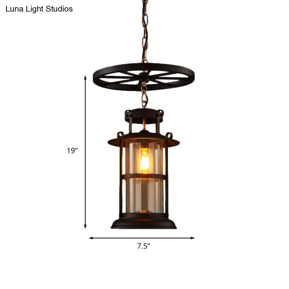 Farmhouse Black Single Light Pendant Ceiling With Clear Glass Cylinder And Iron Wheel Fixture