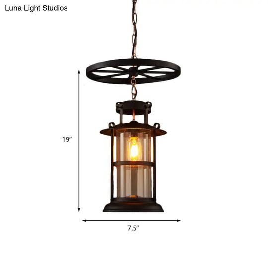 Farmhouse Black Single Light Pendant Ceiling With Clear Glass Cylinder And Iron Wheel Fixture