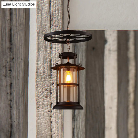 Farmhouse Black Single Light Pendant Ceiling With Clear Glass Cylinder And Iron Wheel Fixture