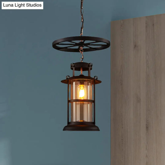 Farmhouse Single-Light Pendant Ceiling Light With Clear Glass Cylinder And Iron Wheel- Black Finish