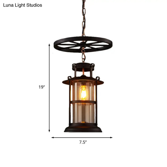 Farmhouse Single-Light Pendant Ceiling Light With Clear Glass Cylinder And Iron Wheel- Black Finish