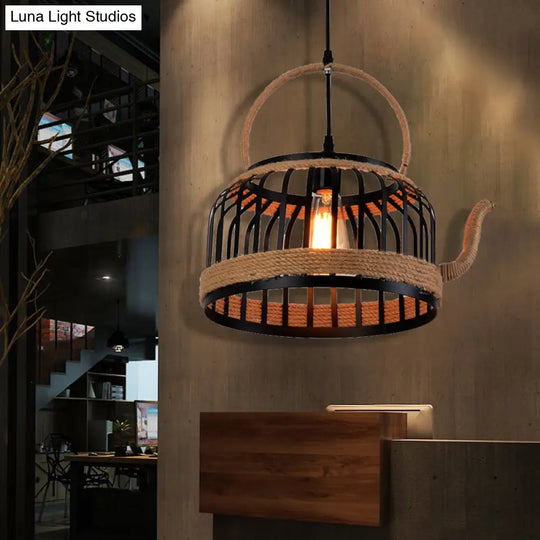 Black Teapot Pendant Light - Farmhouse Style Hanging Lamp For Dining Room