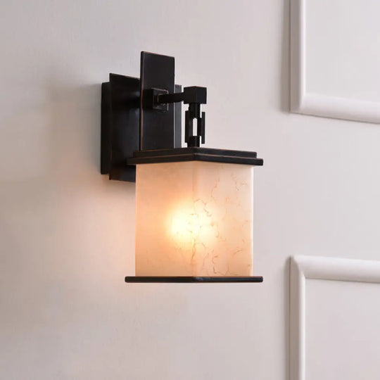 Farmhouse Black Wall Mount Lamp Fixture With Tan Crackled Glass Cuboid