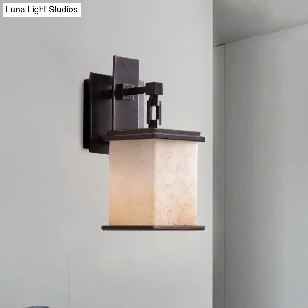 Farmhouse Black Wall Mount Lamp Fixture With Tan Crackled Glass Cuboid