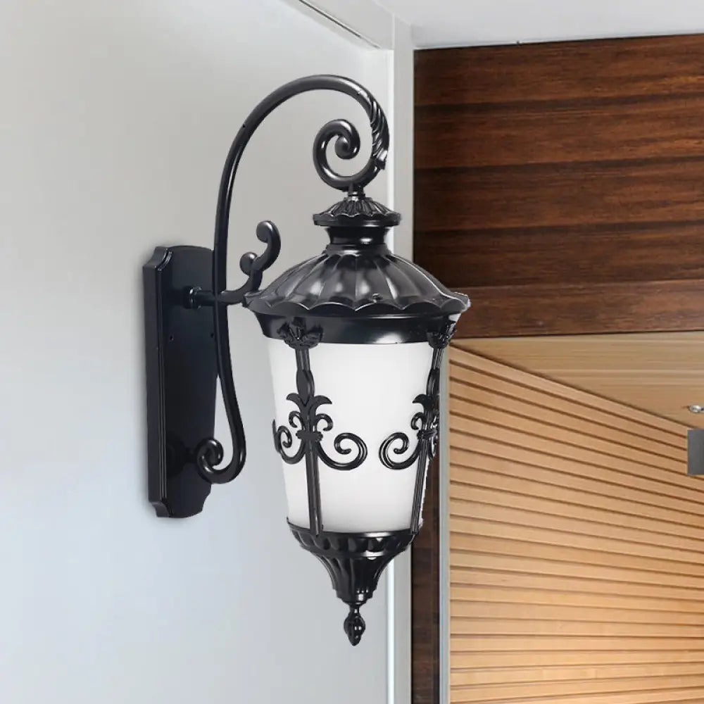 Farmhouse Black Wall Mounted Lamp With White Frosted Glass Urn Sconce - 1 Light Balcony