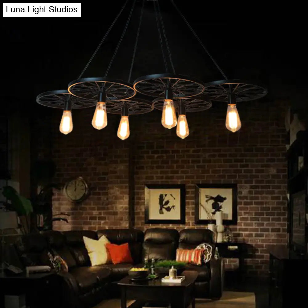 Farmhouse Black Wheel Chandelier Pendant Lamp (3/6-Light Iron Hanging Bistro Ceiling Fixture)