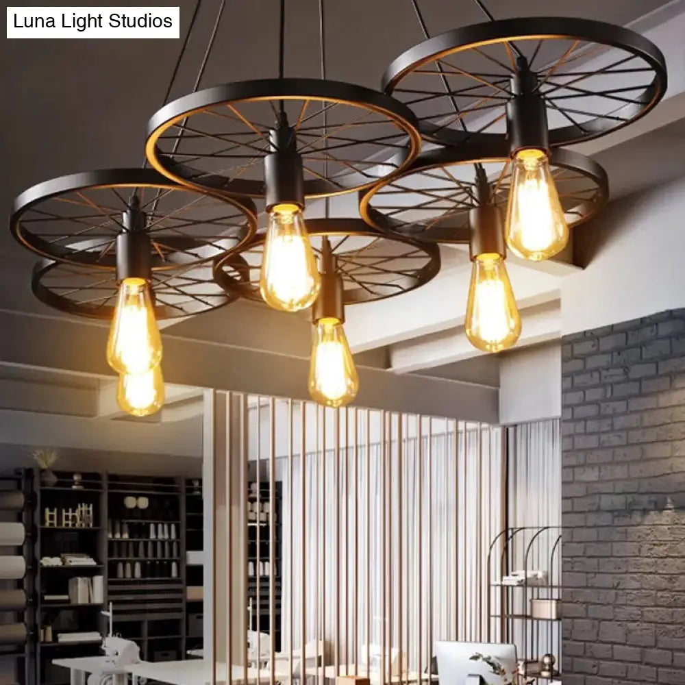Farmhouse Black Wheel Pendant Chandelier - 3/6 Lights Indoor Ceiling Lamp 6 /