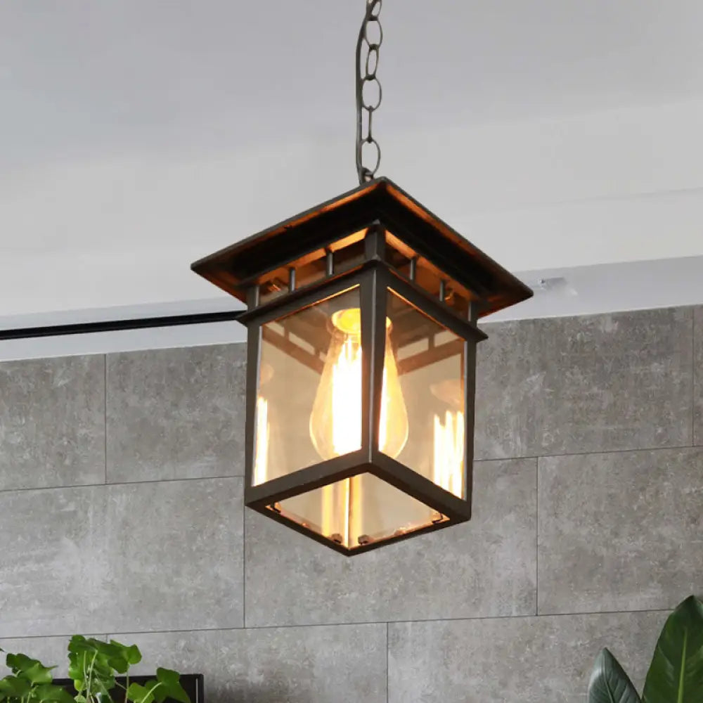 Farmhouse Brass/Black Lantern Pendant Light With Clear Glass Ceiling Fixture For Passage Black