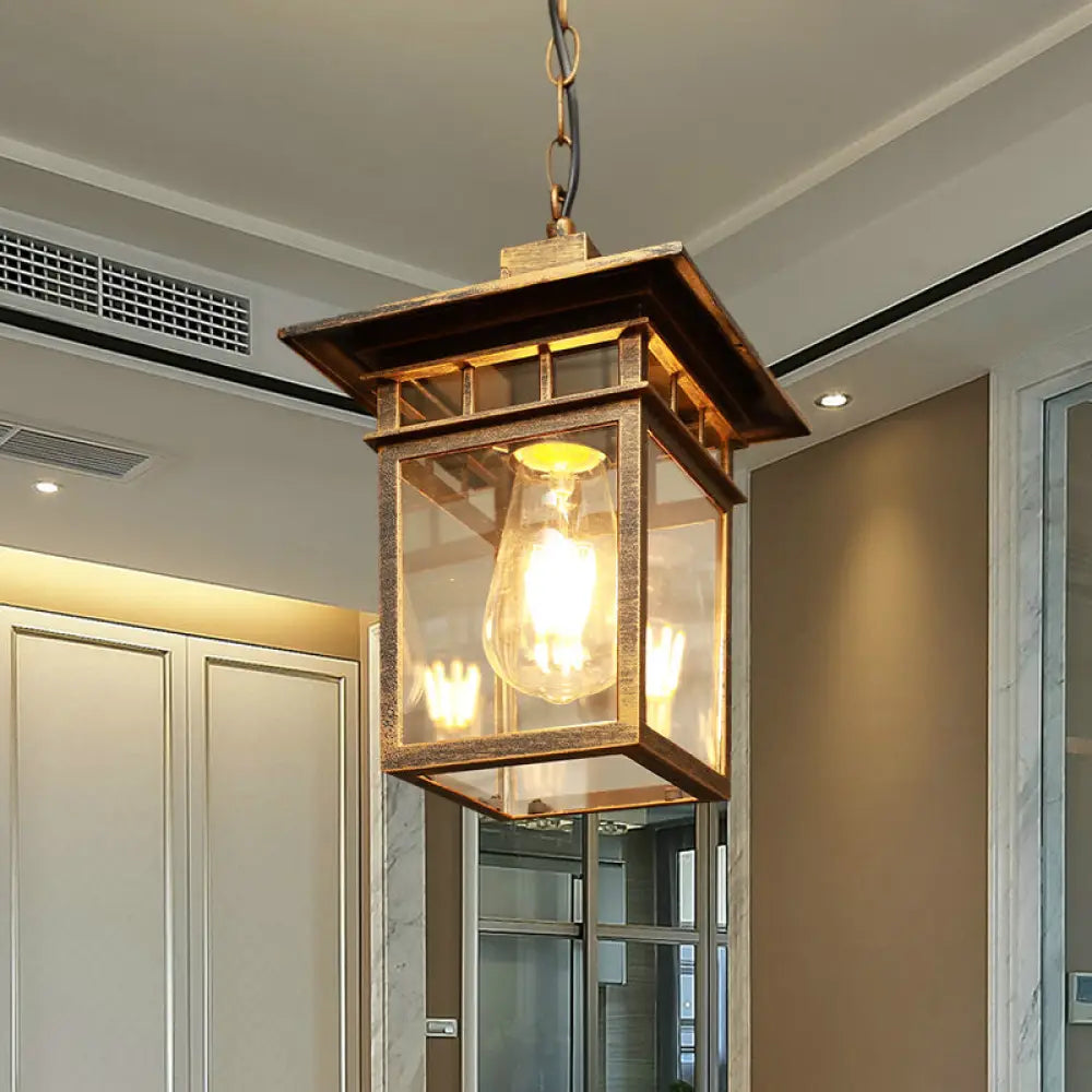 Farmhouse Brass/Black Lantern Pendant Light With Clear Glass Ceiling Fixture For Passage Brass