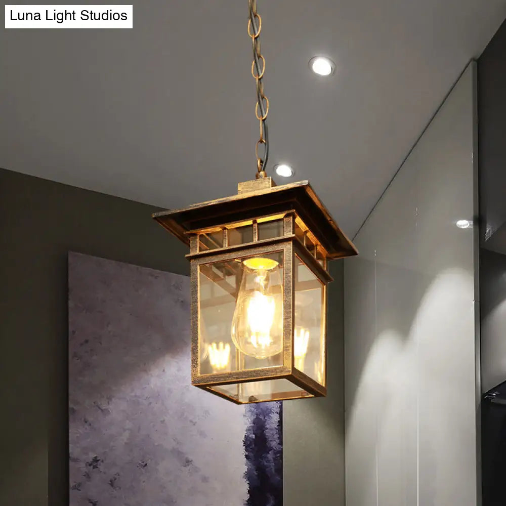 Farmhouse Brass/Black Lantern Pendant Light With Clear Glass Ceiling Fixture For Passage