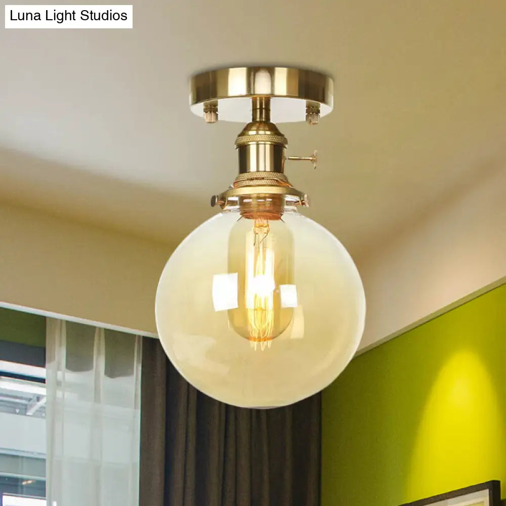 Farmhouse Brass Semi Flush Ceiling Light With Clear/Amber Glass Globe For Dining Room - One Bulb