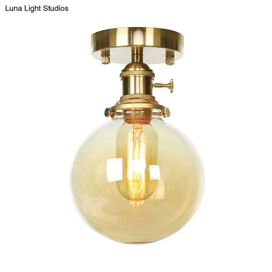 Farmhouse Brass Ceiling Light With Clear/Amber Glass Globe - Semi Flush Mount For Dining Room