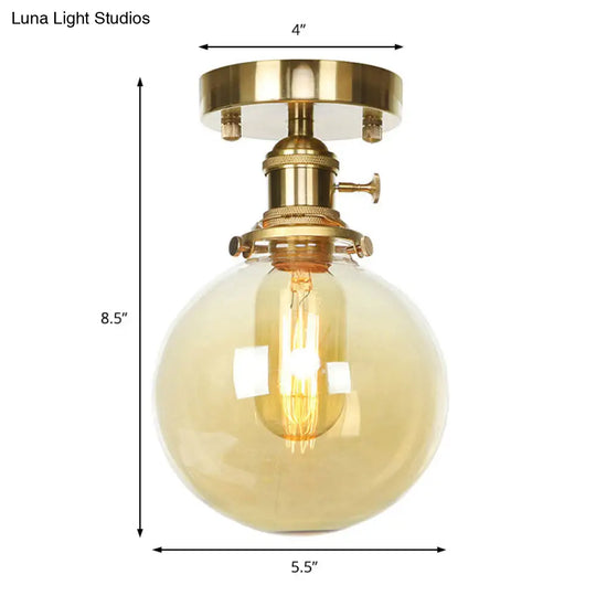 Farmhouse Brass Semi Flush Ceiling Light With Clear/Amber Glass Globe For Dining Room - One Bulb