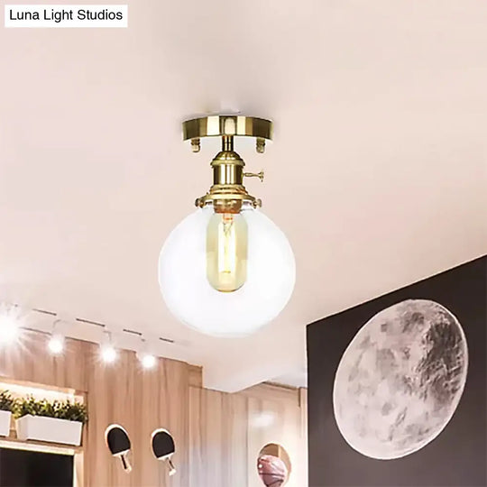 Farmhouse Brass Semi Flush Ceiling Light With Clear/Amber Glass Globe For Dining Room - One Bulb