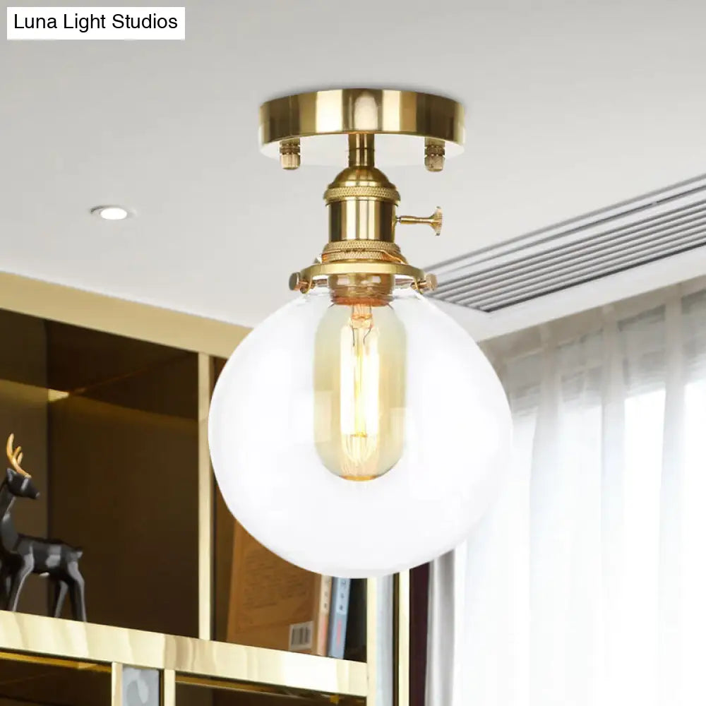 Farmhouse Brass Ceiling Light With Clear/Amber Glass Globe - Semi Flush Mount For Dining Room