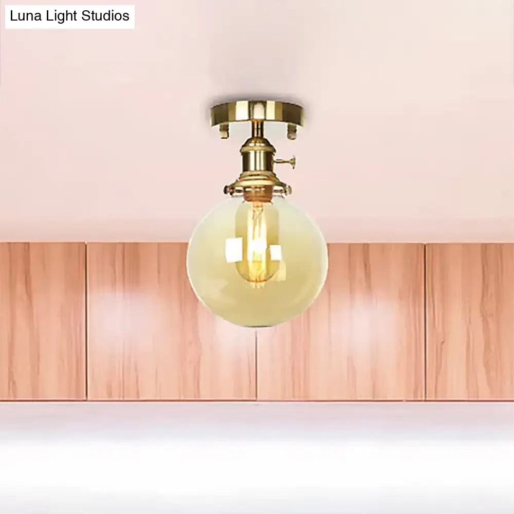 Farmhouse Brass Semi Flush Ceiling Light With Clear/Amber Glass Globe For Dining Room - One Bulb