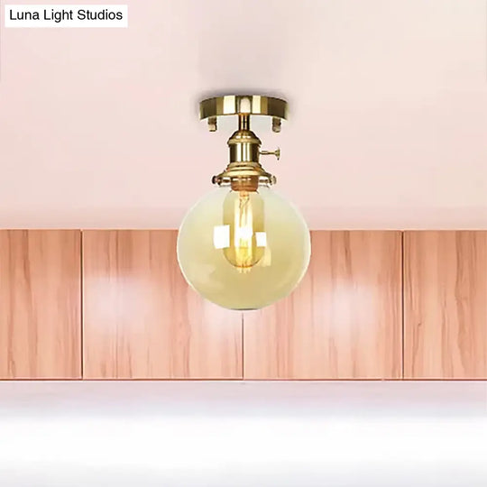 Farmhouse Brass Semi Flush Ceiling Light With Clear/Amber Glass Globe For Dining Room - One Bulb