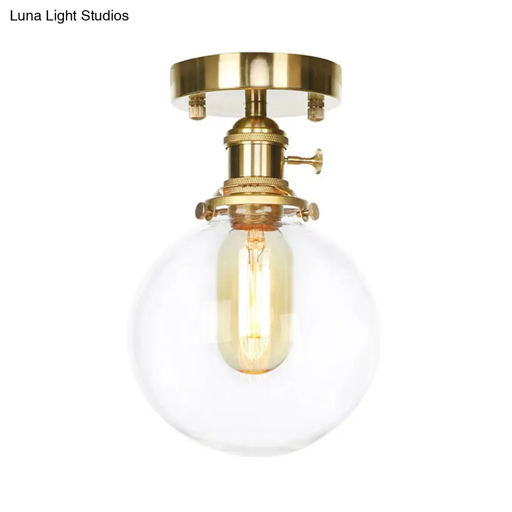 Farmhouse Brass Semi Flush Ceiling Light With Clear/Amber Glass Globe For Dining Room - One Bulb